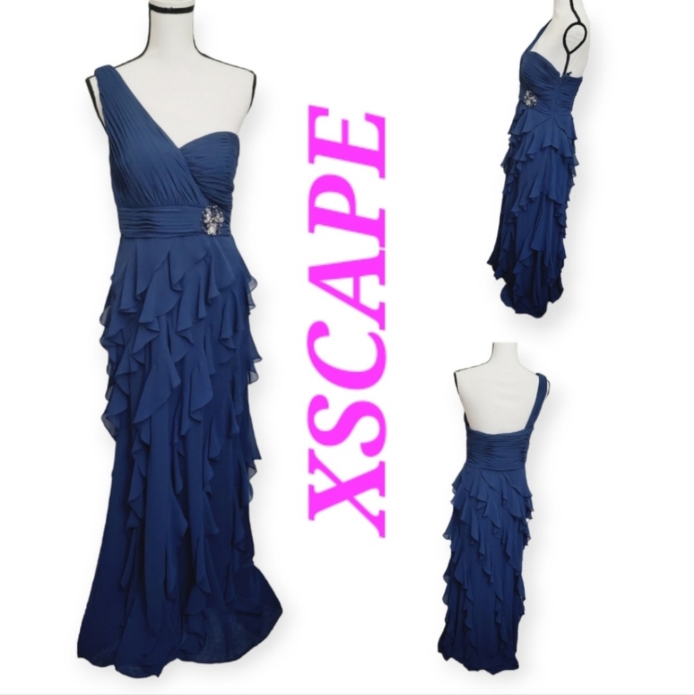 XSCAPE By Joanna Chen Maxi One Shoulder Ruffle Side rhinestones details